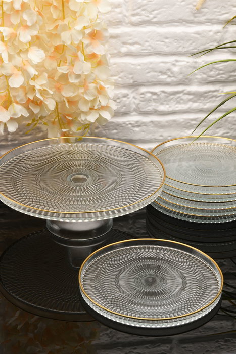 Hermia 7PTAY Set de Servicio de Pastel de Vidrio Transparente 7 Piezas (1 Pedestal 33 cm y 6 Platos 21 cm)